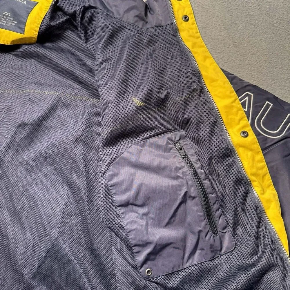 Nautica Mens XXL Windbreaker Jacket Blue Yellow Large Spellout Lightweight GUC